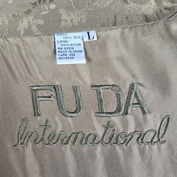 FUDA International Sz Large Olive Green 100% Silk Bomber Jacket Seashell Pattern - Picture 10 of 14
